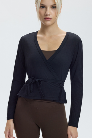 MERINO BALLET WRAP CARDIGAN - CHARCOAL