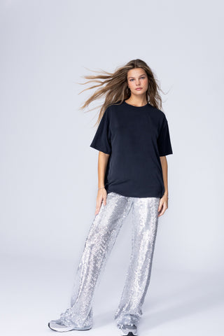 DISCO PALAZZO PANTS - SILVER SEQUINNED