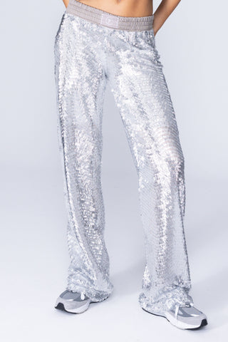 DISCO PALAZZO PANTS - SILVER SEQUINNED